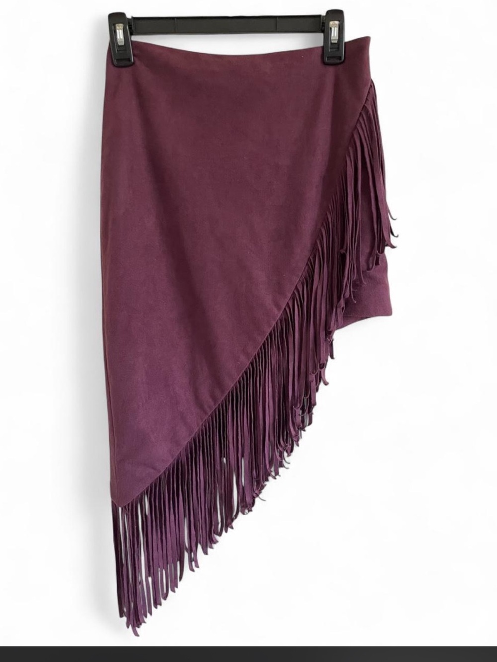 Express Fringed Asymmetrical Skirt in Deep Plum